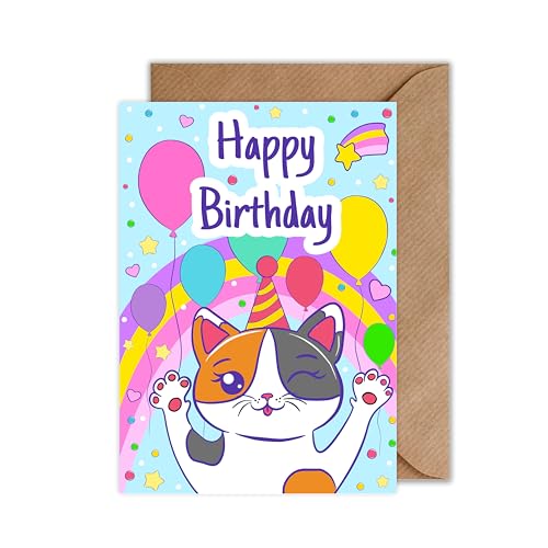 WBdesignz Geburtstagskarte mit Umschlag - Happy Birthday Karte Lustige Katze Party Hut (DIN A6) von WBdesignz
