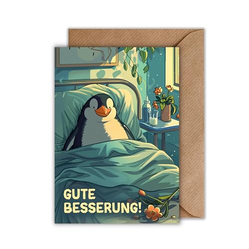 WBdesignz Genesung Karte mit Umschlag - herzliche Besserungswunschkarte little resting Penguin mit Spruch “Gute Besserung!” niedliche Gute-Besserung-Karte Genesungsgruß Gesundheit Erholung (DIN A6) von WBdesignz