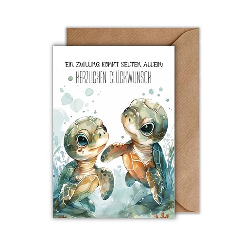 WBdesignz Glückwunschkarte zur Geburt von Zwillingen mit Umschlag – liebevoll gestaltete Grußkarte mit Schildkröten-Motiv & Spruch „Ein Zwilling kommt selten allein“ neutral & süß (DIN A6) von WBdesignz