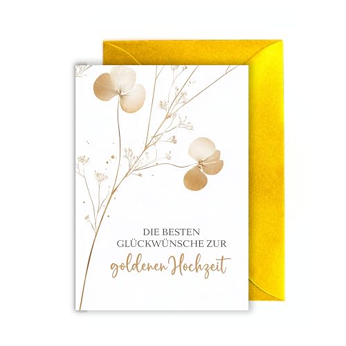 WBdesignz Goldene Hochzeit karte mit Umschlag - Geschenkkarte zum Jahrestag mit Glückwünschen Gold Lunaria Silberblatt Glückwunschkarte zum Hochzeitstag Liebe Ehe Ehepaar Jubiläum (DIN A6) von WBdesignz