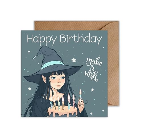 WBdesignz Happy Birthday Karte mit Umschlag - Anime Karte zum Geburtstag Hexe Geburtstagskarte Magische Glückwünsche zum Geburtstag (Quadratisch) von WBdesignz