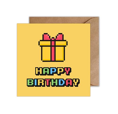 WBdesignz Happy Birthday Retro Gaming Karte zum Geburtstag - Gamer Geburtstagskarte Pixel Geschenk Glückwunschkarte Gaming Geburtstag (125 x 125 mm) von WBdesignz