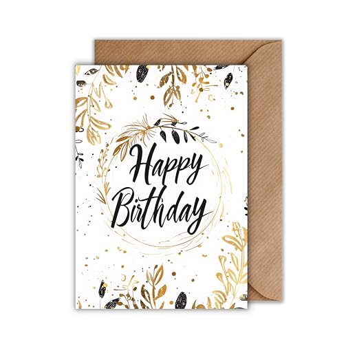 WBdesignz Happy Birthday Karte mit Umschlag - Florale Geburtstagskarte Gold Weiß Glückwunschkarte zum Geburtstag (DIN A6) von WBdesignz