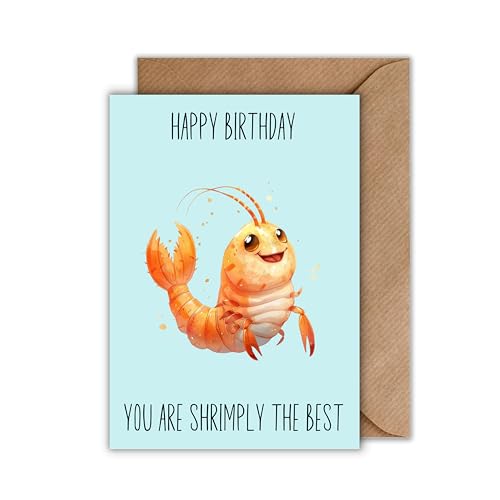 Geburtstagskarte mit Umschlag - Lustiges Wortspiel Happy Birthday Karte Garnele "You Are Shrimply The Best" Glückwunschkarte zum Geburtstag (DIN A6) von WBdesignz