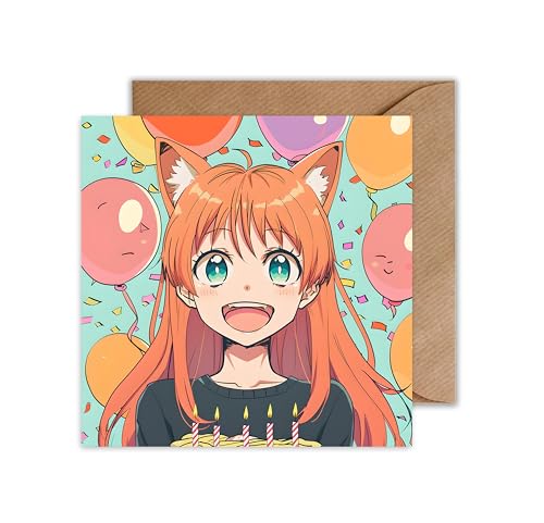 WBdesignz Anime Geburtstagskarte mit Umschlag - Neko Girl Anime Geburtstags Glückwunsch Karte Otaku Geburtstagsparty Karte (Quadratisch) von WBdesignz