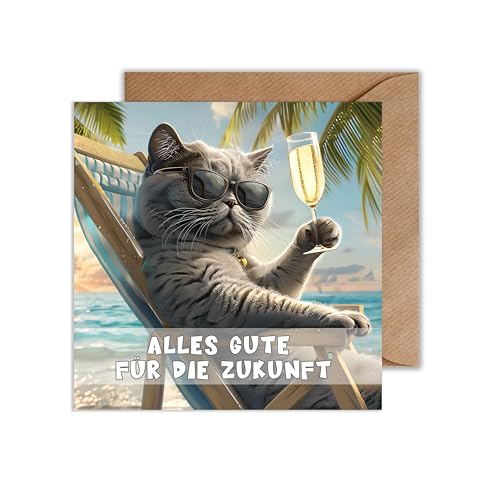 WBdesignz Lustige Abschiedskarte Ruhestand Karte Rente - Katze am Strand Pension Abschied Witzig Abschiedsgeschenk (Quadratisch) von WBdesignz