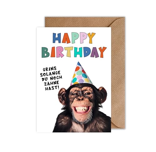 WBdesignz Lustige Geburtstagskarte mit Affen Grins solange du noch Zähne hast - Geburtstag Karte Spruch Lustig Happy Birthday (DIN A6) von WBdesignz