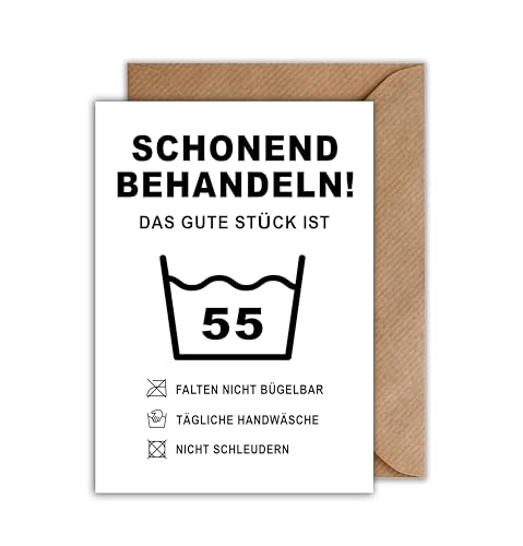 WBdesignz Lustige Geburtstagskarte zum 55. Geburtstag mit Umschlag - witzige Pflegeanleitung mit Waschsymbol – minimalistische Karte für Männer & Frauen (DIN A6) von WBdesignz