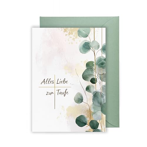 WBdesignz Taufkarte mit Eukalyptus Umschlag - Glückwunschkarte zur Heiligen Taufe Alles Liebe zur Taufe Eukaliptus Zweig Gold Kreuz Aquarell Geschenkkarte für Täufling Eltern Paten (DIN A6) von WBdesignz