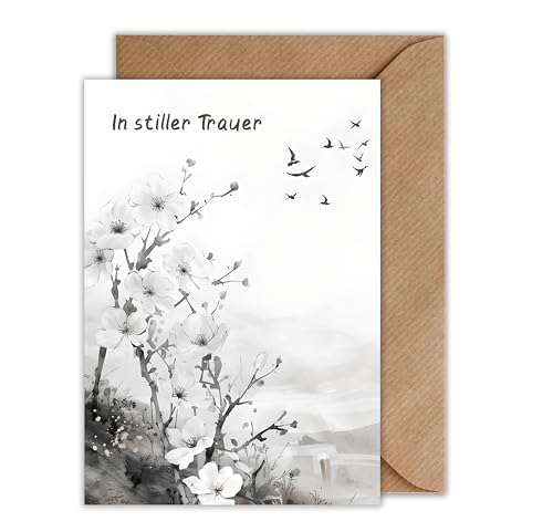 WBdesignz Trauerkarte mit Umschlag - Beileidskarte mit Blüten und Vögeln - Kondolenzkarte Beerdigung Karte (DIN A6) von WBdesignz
