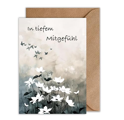 WBdesignz Trauerkarte mit Umschlag - Kondolenzkarte Weiße Blumen mit Vögeln - Beerdigung Karte Beileidkarte (DIN A6) von WBdesignz