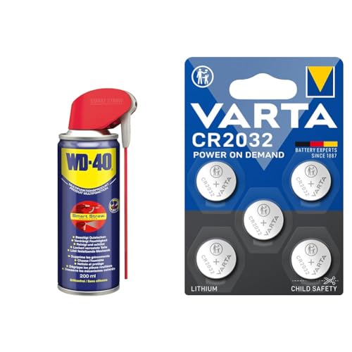 WD-40 49660 Multifunktionsprodukt Smart Straw 200ml & VARTA Batterien Knopfzellen CR2032, 5 Stück, Power on Demand, Lithium von WD-40