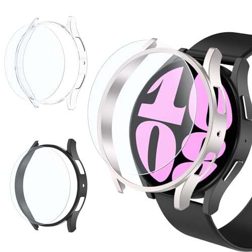 WD&CD [3+3 Stück Hülle Schutzfolie Combo kompatibel mit Samsung Galaxy Watch 6 40mm, 3 Kratzfest Schutzfolie Glas und 3 Hart PC Bumper Case Ultradünne Stoßfeste Zubehör Cover für Watch6 von WD&CD