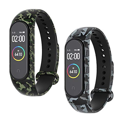 WD&CD Armband kompatibel mit Xiaomi Mi Band 4/3 Weiches Silikon (2 Stück, Camouflage Grün + Camouflage Grau), Verstellbare Fitness Armband kompatibel für Frauen männer von WD&CD