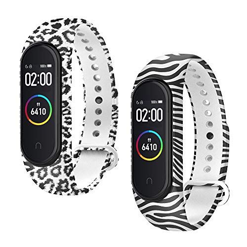 WD&CD Armband kompatibel mit Xiaomi Mi Band 4/3 Weiches Silikon (2 Stück, Schwarzweiss-Leopard + Zebradruck), Verstellbare Fitness Armband kompatibel für Frauen männer von WD&CD