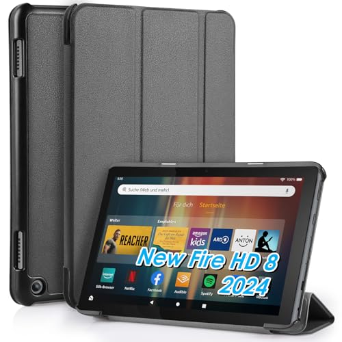 WD&CD Hülle kompatibel mit Amazon Fire HD 8 8" 2024/2022 / 2020, Schutzhülle Ultradünne PU Leder kompatibel mit Fire HD 8 8" mit Standfunktion und Auto Schlaf/Wach- Grau von WD&CD
