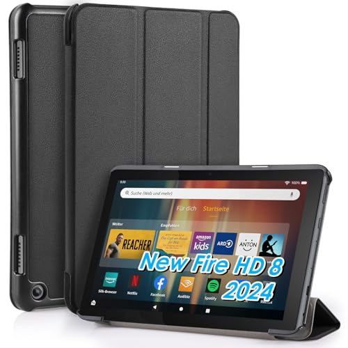 WD&CD Hülle kompatibel mit Amazon Fire HD 8 8" 2024/2022 / 2020, Schutzhülle Ultradünne PU Leder kompatibel mit Fire HD 8 8" mit Standfunktion und Auto Schlaf/Wach-Schwarz von WD&CD