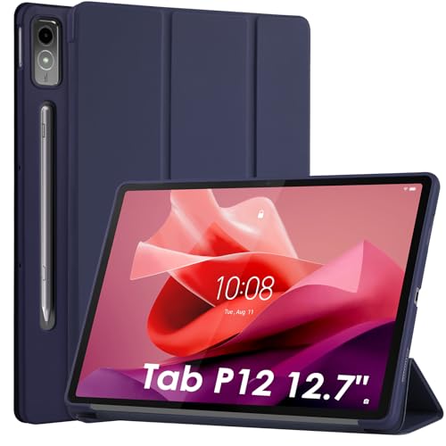 WD&CD Hülle kompatibel mit Lenovo Tab P12 12.7" 2023, Schutzhülle Ultradünne PU Leder kompatibel mit Lenovo Tab P12 12.7" 2023 mit Standfunktion und Auto Schlaf/Wach-Blau von WD&CD