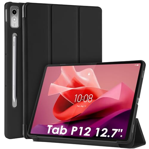WD&CD Hülle kompatibel mit Lenovo Tab P12 12.7" 2023, Schutzhülle Ultradünne PU Leder kompatibel mit Lenovo Tab P12 12.7" 2023 mit Standfunktion und Auto Schlaf/Wach-Schwarz von WD&CD