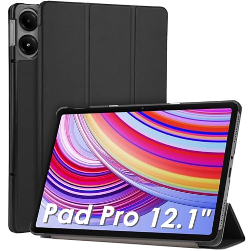 WD&CD Hülle kompatibel mit Xiaomi Redmi Pad Pro 12.1", Schutzhülle Ultradünne PU Leder kompatibel mit Xiaomi Poco Pad 12.1" mit Standfunktion und Auto Schlaf/Wach-Schwarz von WD&CD