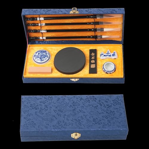WDEC 10-teilig Chinesischer Kalligraphie Pinsel Set, Chinesisch, Künstlerbedarf, Malerei Inkstone mit Chinesischen Taditional Ink Stones Rechteck Ink Stick, mit Pinseletui zum Schreiben Zeichnen（blau） von WDEC