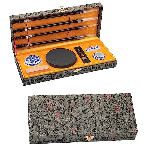 WDEC 10-teilig Chinesischer Kalligraphie Pinsel Set, Chinesisch, Künstlerbedarf, Malerei Inkstone mit Chinesischen Taditional Ink Stones Rechteck Ink Stick, mit Pinseletui zum Schreiben Zeichnen（Grau） von WDEC
