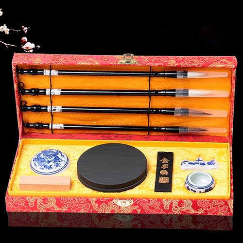 WDEC 10-teilig Chinesischer Kalligraphie Pinsel Set, Chinesisch, Künstlerbedarf, Malerei Inkstone mit Chinesischen Taditional Ink Stones Rechteck Ink Stick, mit Pinseletui zum Schreiben Zeichnen（Rot） von WDEC