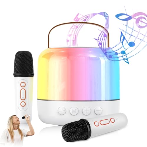 Karaoke Maschine Kinder mit 2 Drahtlosen Mikrofonen, WDKXCN Tragbares Mini Karaoke Maschine, Karaoke Anlage mit 2 Mikrofonen für Heimparty, Geschenke Spielzeug für Mädchen 3-11+ Jahre Alt (Weiß) von WDKXCN