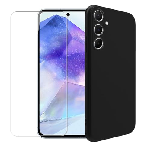 WDMYLFTW Hülle für Samsung Galaxy A55 5G + Gehärteter Film Displayschutzfolie Schutzfolie - Transparent Weich Silikon Schutzhülle Flexibel TPU Tasche Case für Samsung Galaxy A55 5G (Black) von WDMYLFTW