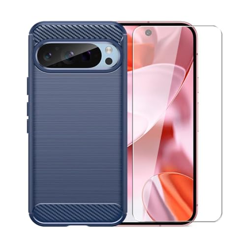 WDMYLFTW Kohlefaser Hülle für Google Pixel 9 + 1 Gehärtetem Film Displayschutzfolie Schutzfolie - Flexibel Tasche Weich TPU Handyhülle Schutzhülle Case Cover (Blau) von WDMYLFTW