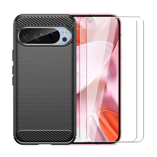 WDMYLFTW Kohlefaser Hülle für Google Pixel 9 + 2 Gehärtetem Film Displayschutzfolie Schutzfolie - Flexibel Tasche Weich TPU Handyhülle Schutzhülle Case Cover (Schwarz) von WDMYLFTW