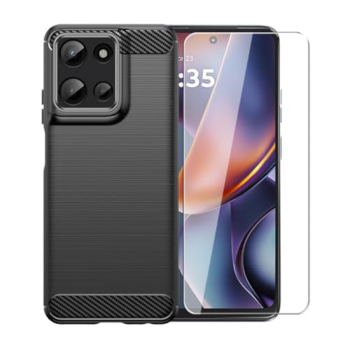WDMYLFTW Kohlefaser Hülle für Motorola Moto G 2025 + 1 Gehärtetem Film Displayschutzfolie Schutzfolie - Flexibel Tasche Weich TPU Handyhülle Schutzhülle Case Cover (Schwarz) von WDMYLFTW
