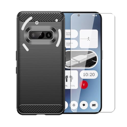 WDMYLFTW Kohlefaser Hülle für Nothing Phone 3a + 1 Gehärtetem Film Displayschutzfolie Schutzfolie - Flexibel Tasche Weich TPU Handyhülle Schutzhülle Case Cover (Schwarz) von WDMYLFTW