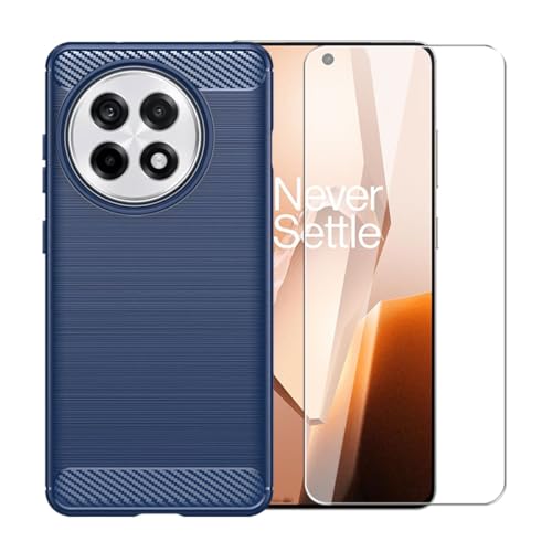 WDMYLFTW Kohlefaser Hülle für OnePlus 13R + 1 Gehärtetem Film Displayschutzfolie Schutzfolie - Flexibel Tasche Weich TPU Handyhülle Schutzhülle Case Cover (Blau) von WDMYLFTW