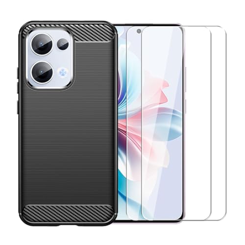 WDMYLFTW Kohlefaser Hülle für Oppo Reno 11F + 2 Gehärtetem Film Displayschutzfolie Schutzfolie - Flexibel Tasche Weich TPU Handyhülle Schutzhülle Case Cover (Schwarz) von WDMYLFTW
