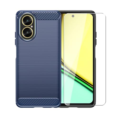 WDMYLFTW Kohlefaser Hülle für Realme C67 4G + 1 Gehärtetem Film Displayschutzfolie Schutzfolie - Flexibel Tasche Weich TPU Handyhülle Schutzhülle Case Cover (Blau) von WDMYLFTW