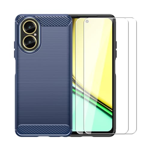 WDMYLFTW Kohlefaser Hülle für Realme C67 4G + 2 Gehärtetem Film Displayschutzfolie Schutzfolie - Flexibel Tasche Weich TPU Handyhülle Schutzhülle Case Cover (Blau) von WDMYLFTW