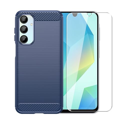 WDMYLFTW Kohlefaser Hülle für Samsung Galaxy A16 5G + 1 Gehärtetem Film Displayschutzfolie Schutzfolie - Flexibel Tasche Weich TPU Handyhülle Schutzhülle Case Cover (Blau) von WDMYLFTW