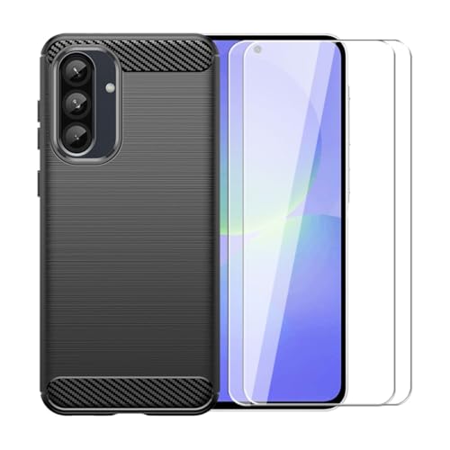 WDMYLFTW Kohlefaser Hülle für Samsung Galaxy A36 + 2 Gehärtetem Film Displayschutzfolie Schutzfolie - Flexibel Tasche Weich TPU Handyhülle Schutzhülle Case Cover (Schwarz) von WDMYLFTW