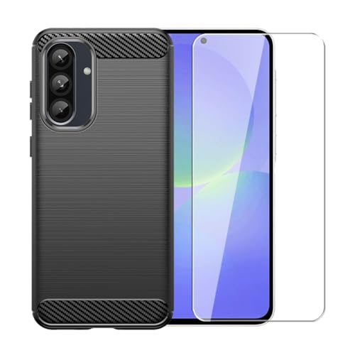WDMYLFTW Kohlefaser Hülle für Samsung Galaxy A56 + 1 Gehärtetem Film Displayschutzfolie Schutzfolie - Flexibel Tasche Weich TPU Handyhülle Schutzhülle Case Cover (Schwarz) von WDMYLFTW