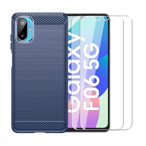 WDMYLFTW Kohlefaser Hülle für Samsung Galaxy F06 5G + 2 Gehärtetem Film Displayschutzfolie Schutzfolie - Flexibel Tasche Weich TPU Handyhülle Schutzhülle Case Cover (Blau) von WDMYLFTW
