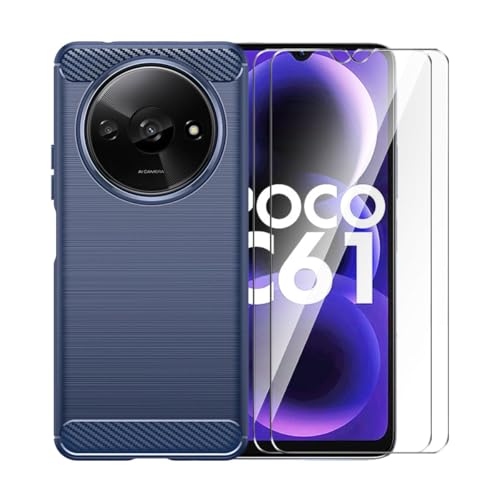 WDMYLFTW Kohlefaser Hülle für Xiaomi Poco C61 + 2 Gehärtetem Film Displayschutzfolie Schutzfolie - Flexibel Tasche Weich TPU Handyhülle Schutzhülle Case Cover (Blau) von WDMYLFTW
