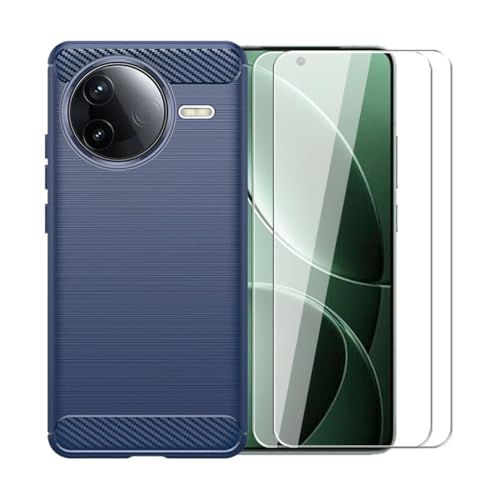 WDMYLFTW Kohlefaser Hülle für Xiaomi Poco F7 Pro + 2 Gehärtetem Film Displayschutzfolie Schutzfolie - Flexibel Tasche Weich TPU Handyhülle Schutzhülle Case Cover (Blau) von WDMYLFTW