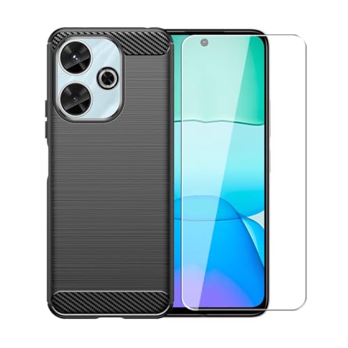 WDMYLFTW Kohlefaser Hülle für Xiaomi Redmi 13 4G + 1 Gehärtetem Film Displayschutzfolie Schutzfolie - Flexibel Tasche Weich TPU Handyhülle Schutzhülle Case Cover (Schwarz) von WDMYLFTW