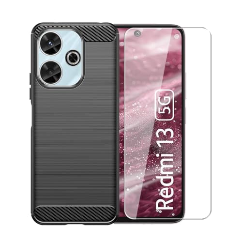 WDMYLFTW Kohlefaser Hülle für Xiaomi Redmi 13 5G + 1 Gehärtetem Film Displayschutzfolie Schutzfolie - Flexibel Tasche Weich TPU Handyhülle Schutzhülle Case Cover (Schwarz) von WDMYLFTW