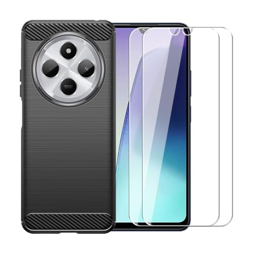 WDMYLFTW Kohlefaser Hülle für Xiaomi Redmi 14R + 2 Gehärtetem Film Displayschutzfolie Schutzfolie - Flexibel Tasche Weich TPU Handyhülle Schutzhülle Case Cover (Schwarz) von WDMYLFTW