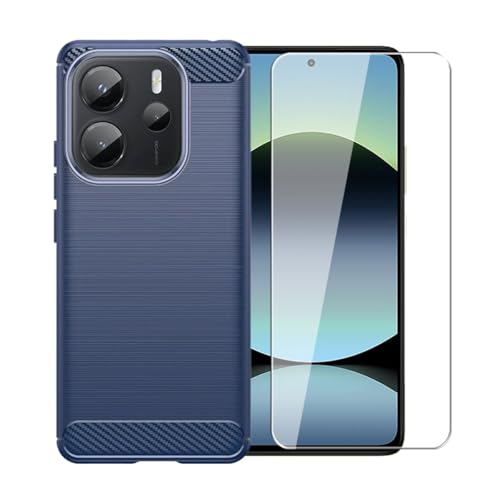 WDMYLFTW Kohlefaser Hülle für Xiaomi Redmi Note 14 5G + 1 Gehärtetem Film Displayschutzfolie Schutzfolie - Flexibel Tasche Weich TPU Handyhülle Schutzhülle Case Cover (Blau) von WDMYLFTW