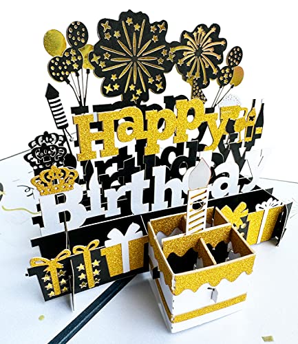 Geburtstagskarte Geburtstagskarten 3D Pop Up Karte Geburtstag für Familie Freunde Männer Frauen oder Kinder(Gold) von WDZGX