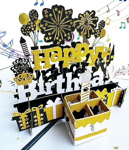 Geburtstagskarte Musikalische Geburtstagskarten 3D Pop Up Karte Geburtstag mit Musik und Licht Happy Birthday Blowable Kerze für Familie Freunde Männer Frauen oder Kinder Gold von WDZGX