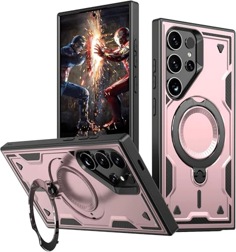 Militärische stoßfeste Handyhülle für Samsung Galaxy S23 Ultra, mit 360° Magnetring-Ständer, unterstützt kabelloses Laden, robuste Rundumschutz für Samsung S23 Ultra 5G (Rosa) von WECOACO